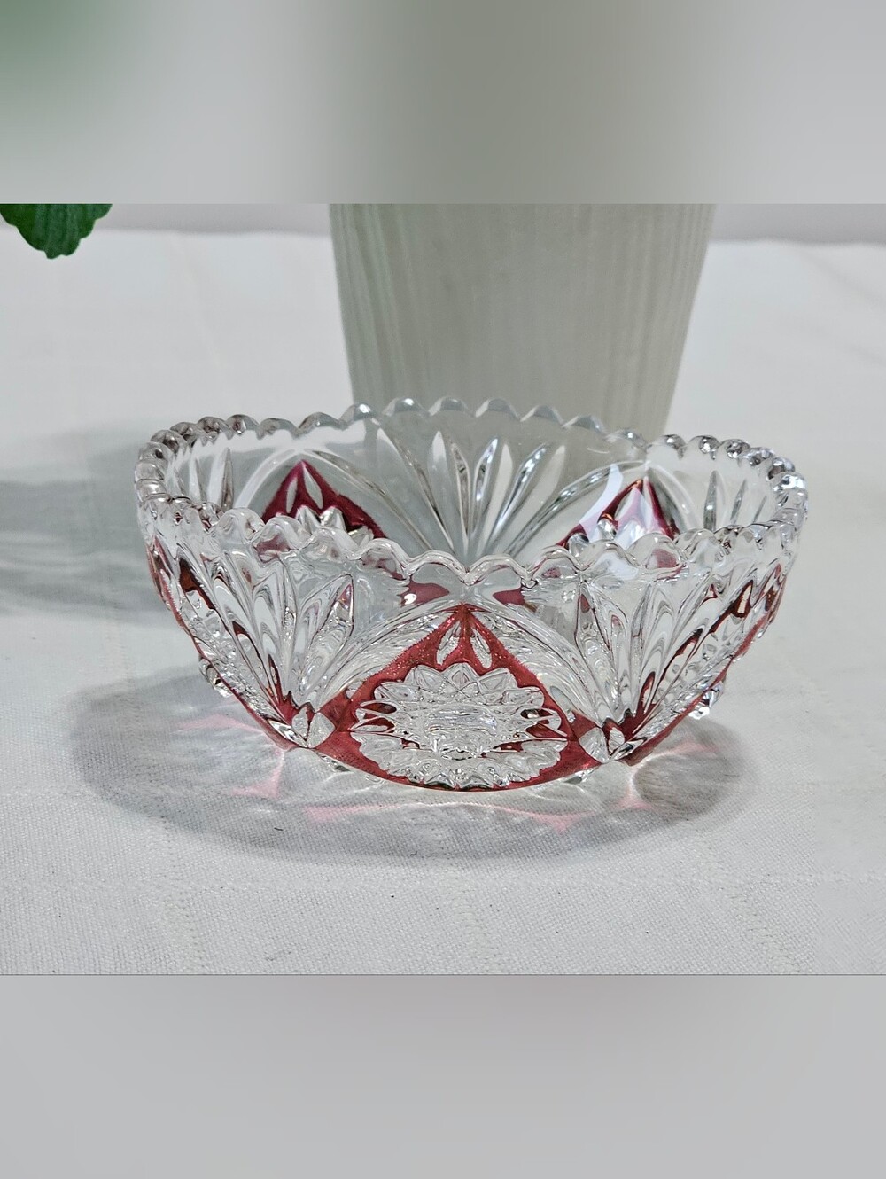 Vintage Bohemian German Cut Crystal Glass Decorative Bowl Wiith Ruby Accents